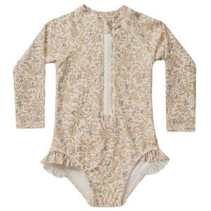 Rylee + Cru Floral Long-Sleeve Rashguard Swimsuit in Cream, Yellow, Tan